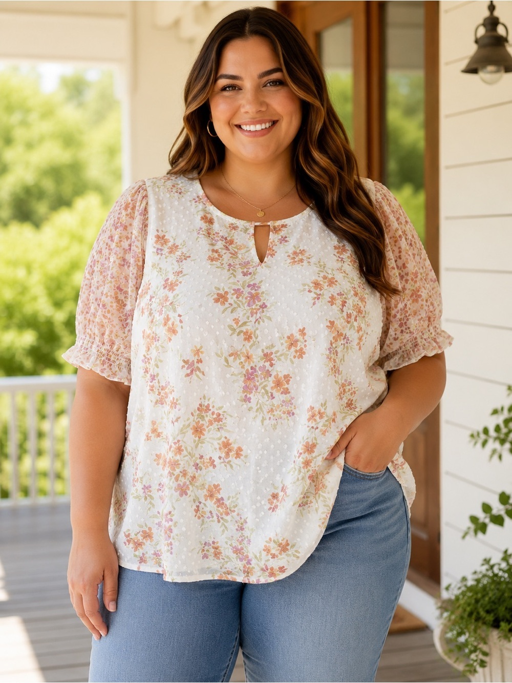 Le Serein Swiss Dot Floral Puff Sleeve Blouse 2X